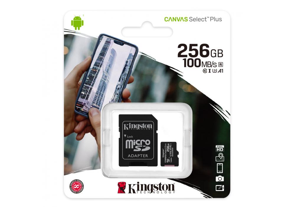 Kingston Memory Card 256GB micSDXC Canvas Select Plus 100R A1 C10 Card + ADP