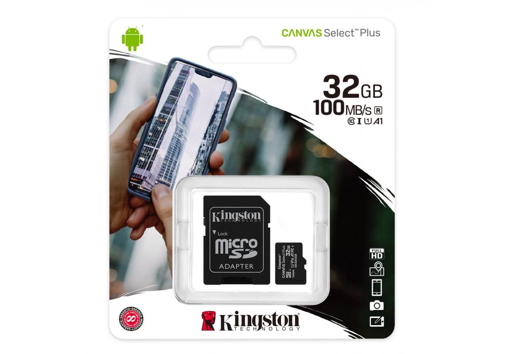 Kingston Memory Card 32GB micSDHC Canvas Select Plus 100R A1 C10 Card + ADP
